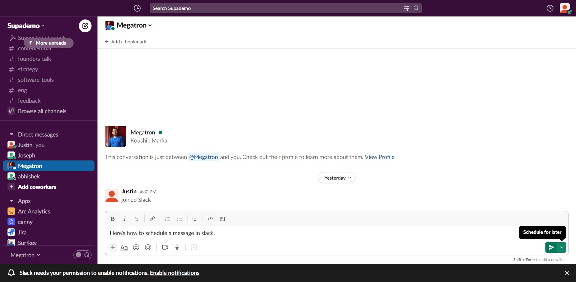 How to schedule a message in Slack